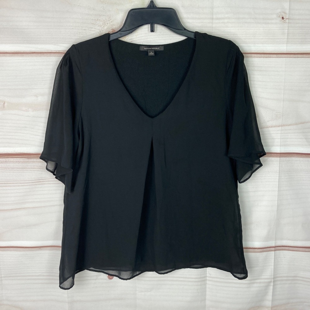 Banana Republic Top Womens PS Black V-Neck Pleated Blouse Short Sleeve Woven
